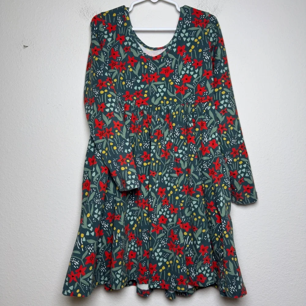Hanna Andersson Girls Cotton Dress Size 6-7 Green Red Floral Christmas Holiday